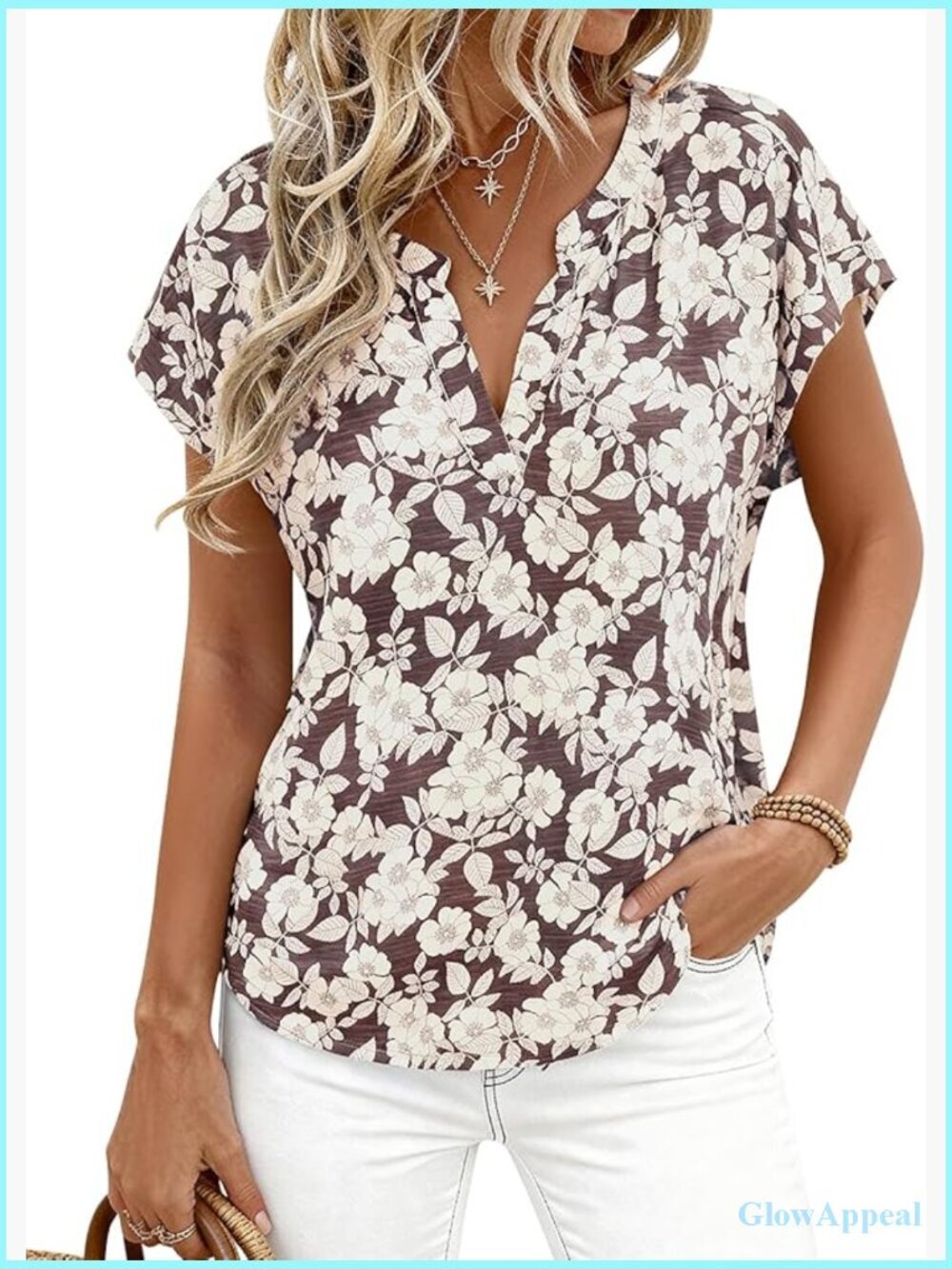 V Neck Floral Blouse - Soft Stretch Short Sleeve Tunic